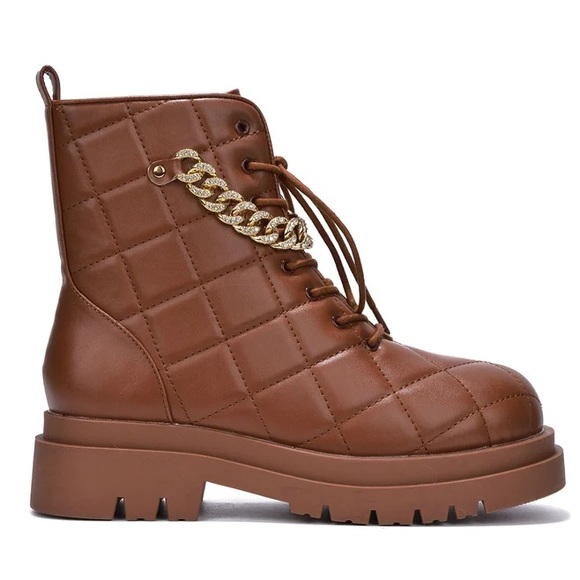 Brown quilted chain combat boot - Picture 2 of 5